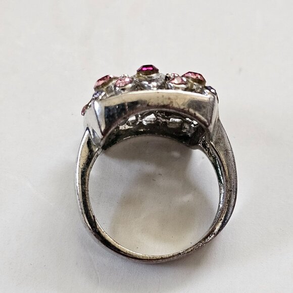 Vintage Silver-Tone Fashion Ring With Pink & Purple Rhinestones Square Cluster D - Picture 5 of 6